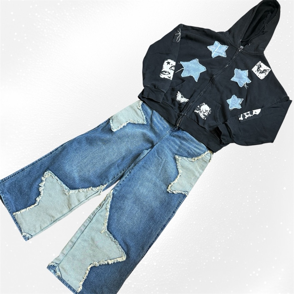 Hot Topic Black Star Patchwork Zip Hoodie with Light Blue Denim Star Jeans